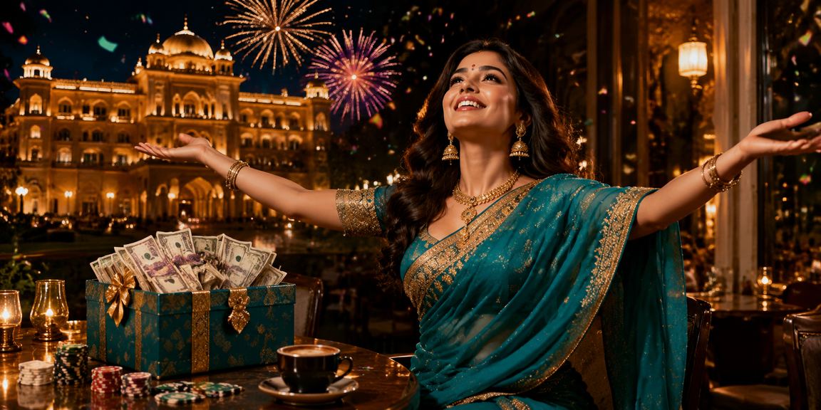 Excited Indian woman playing online casino on mobile device in traditional saree in India